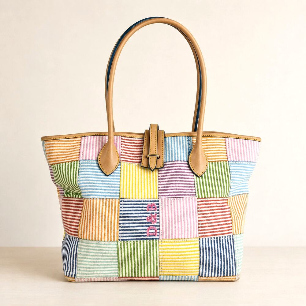 Dooney & Bourke Preppy Patchwork Stripe Tote Bag Leather Trim Purse